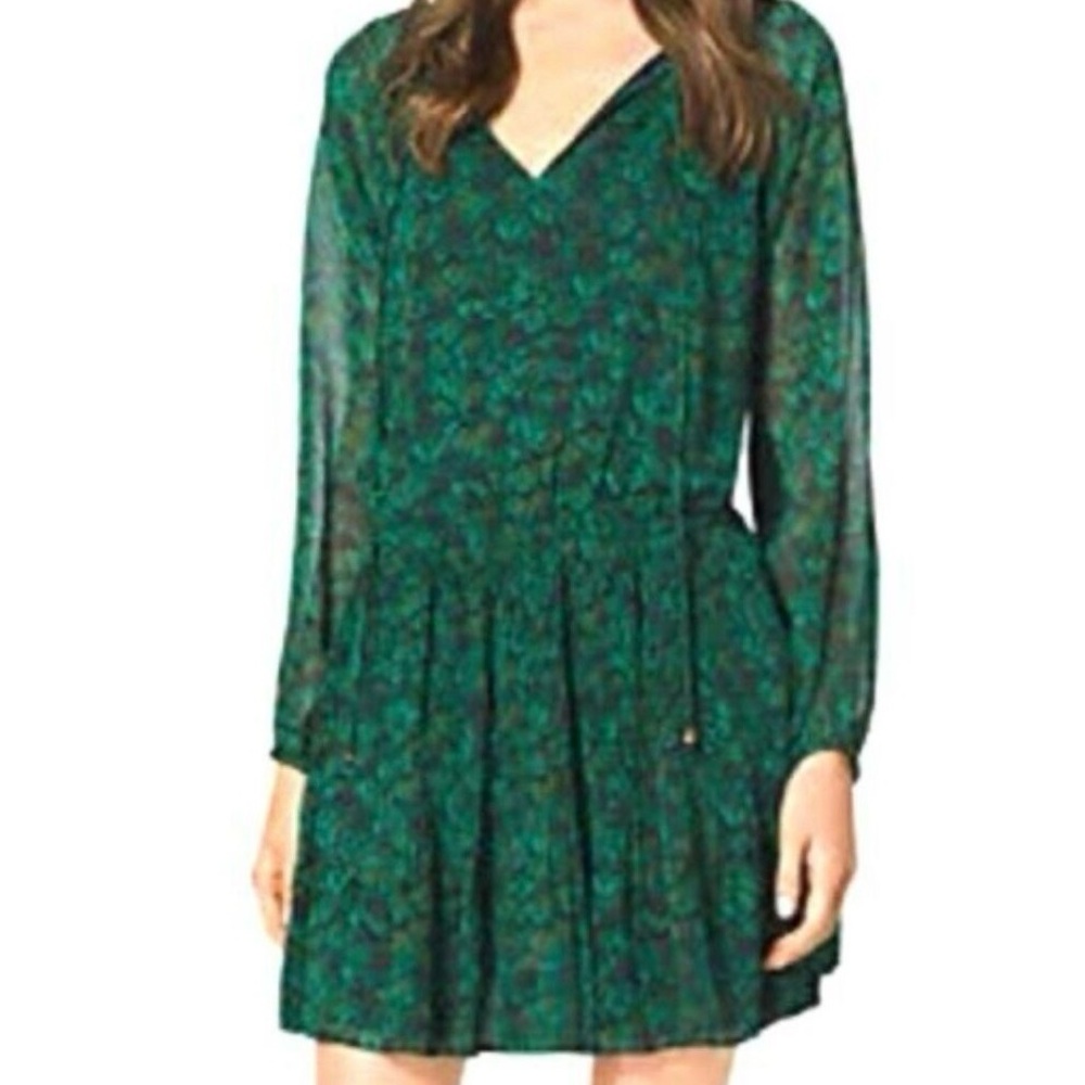 Michael Kors Green Purple Drawstring Neckline Peacock Print Dress Size Small